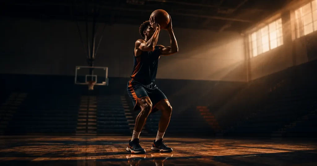 High school basketball player training alone in an empty gym during the offseason