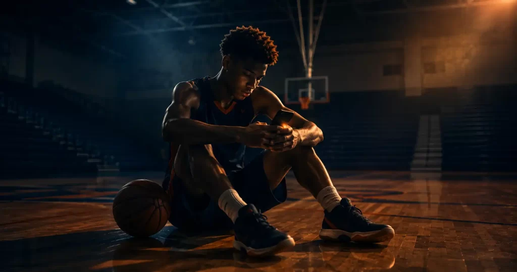 High school basketball player holding a phone in a gym, preparing to message a college coach