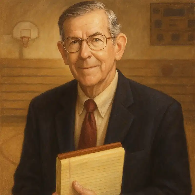 Illustrated portrait of Thomas C. Konchalski holding a legal pad in a gymnasium, symbolizing his legacy in high school basketball scouting.