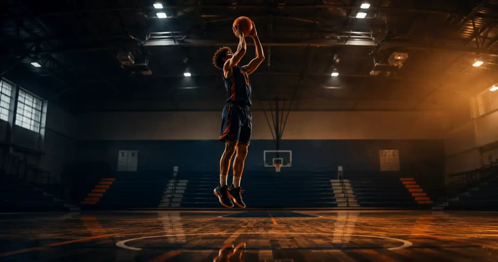 High school basketball player rising for a shot on a hardwood court, representing the traits college coaches evaluate in recruits