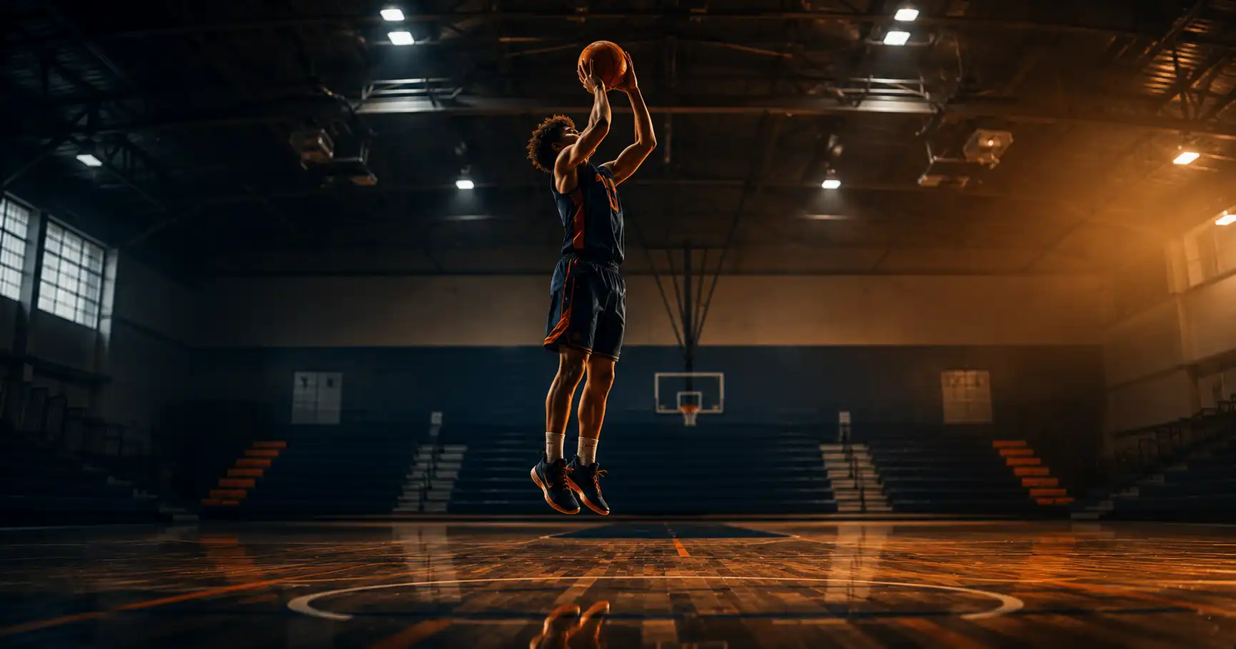 High school basketball player rising for a shot on a hardwood court, representing the traits college coaches evaluate in recruits