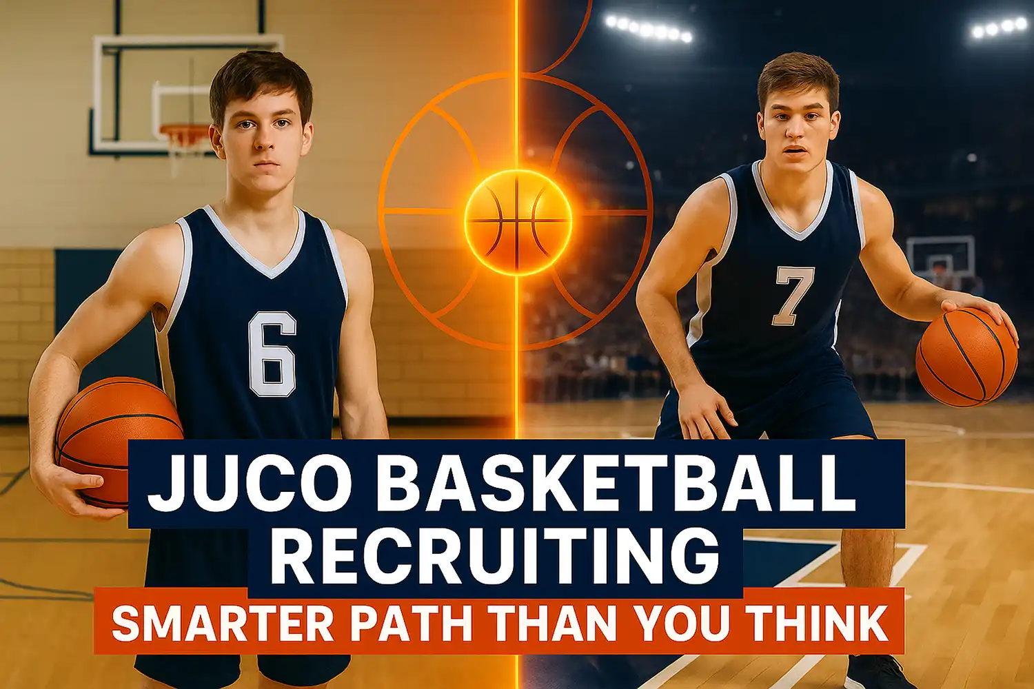 Split-screen image of basketball player moving from high school to college arena with orange glow.