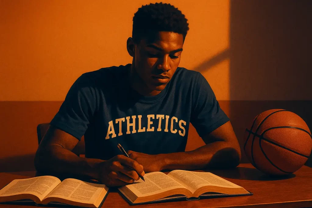 Student-athlete balancing books and basketball.