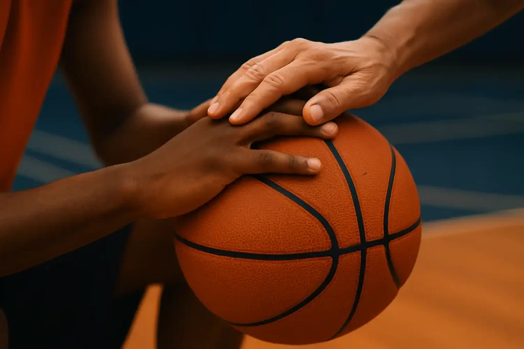 Parent and athlete’s hands resting together on a basketball.