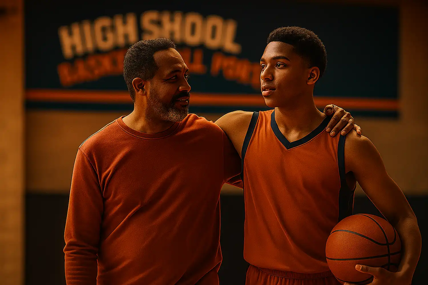 Supportive parent walking with high school basketball player after a game, in HSBP brand colors.