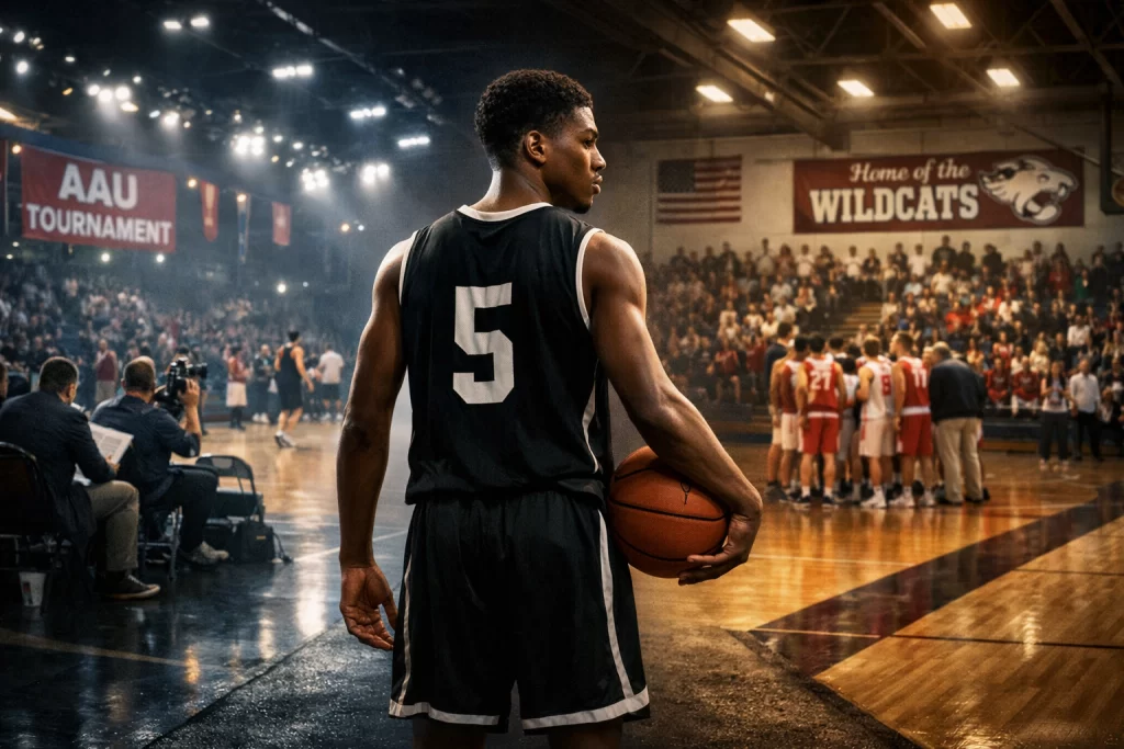 High school basketball player choosing between AAU basketball exposure and high school development path