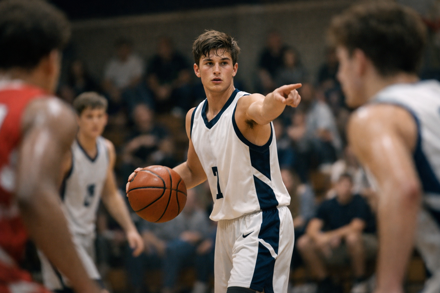 High school basketball player demonstrating basketball IQ by reading the defense and directing teammates during live play
