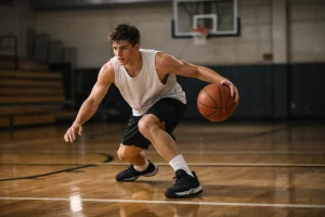 high school basketball player performing skill training during focused workout