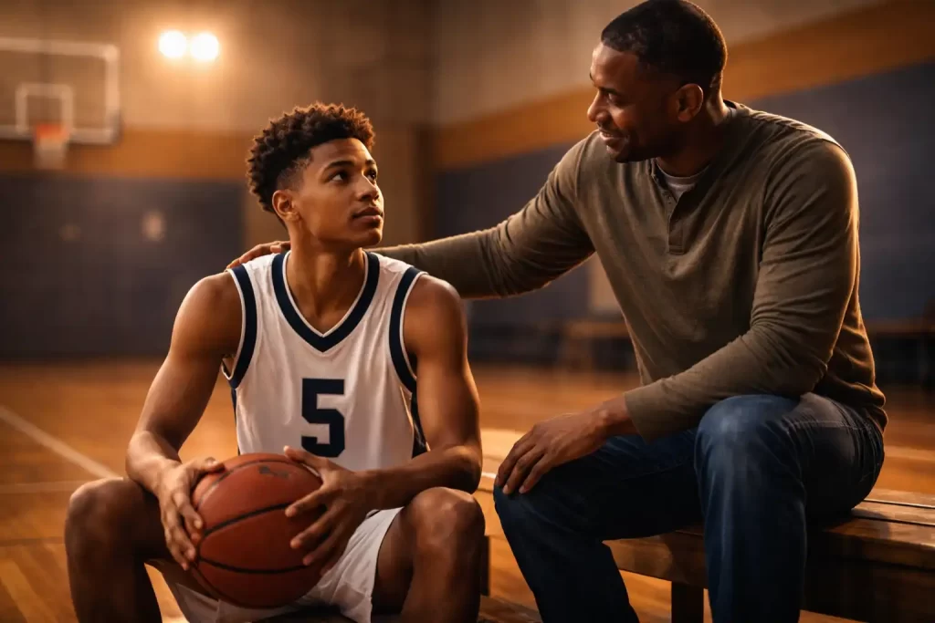 parent supporting high school basketball player after game