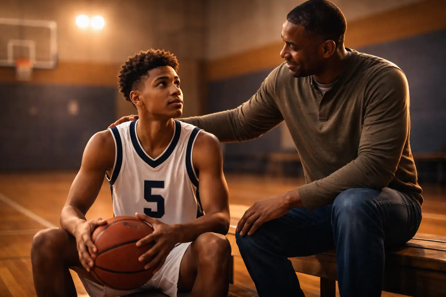 parent supporting high school basketball player after game