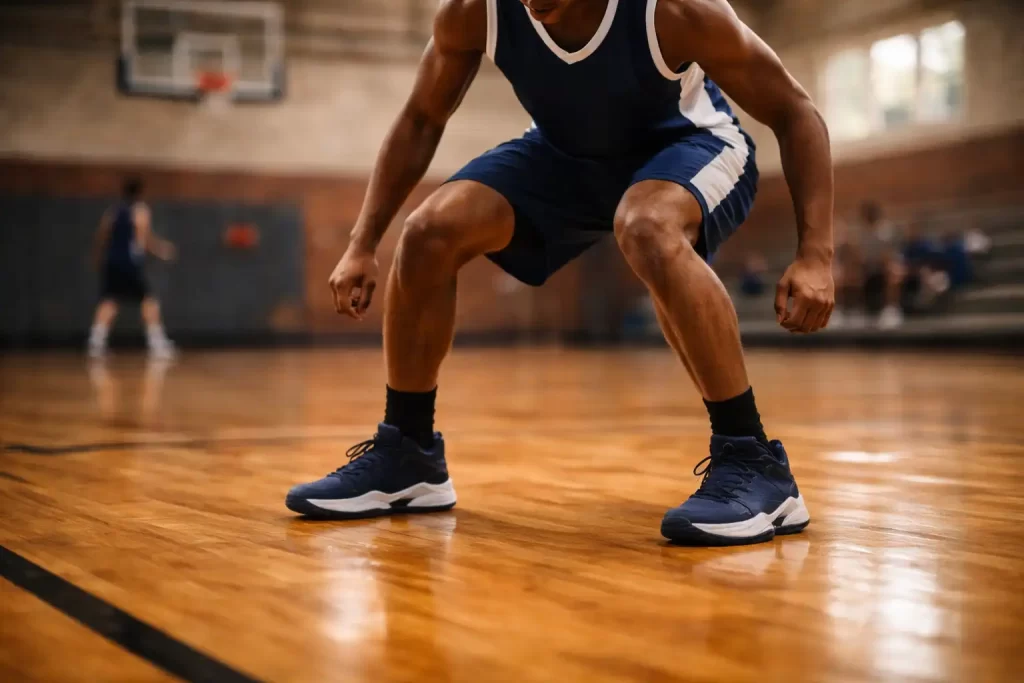 basketball player demonstrating proper landing mechanics to prevent ACL injury with knees aligned and balanced stance
