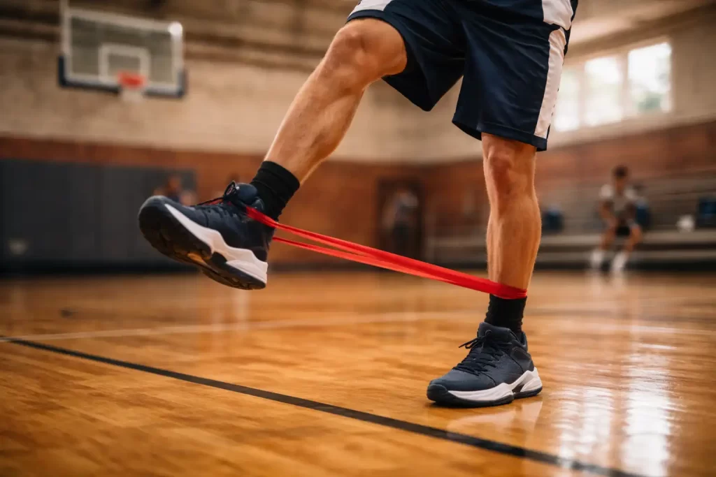high school basketball player performing ankle strengthening exercise with resistance band for injury prevention