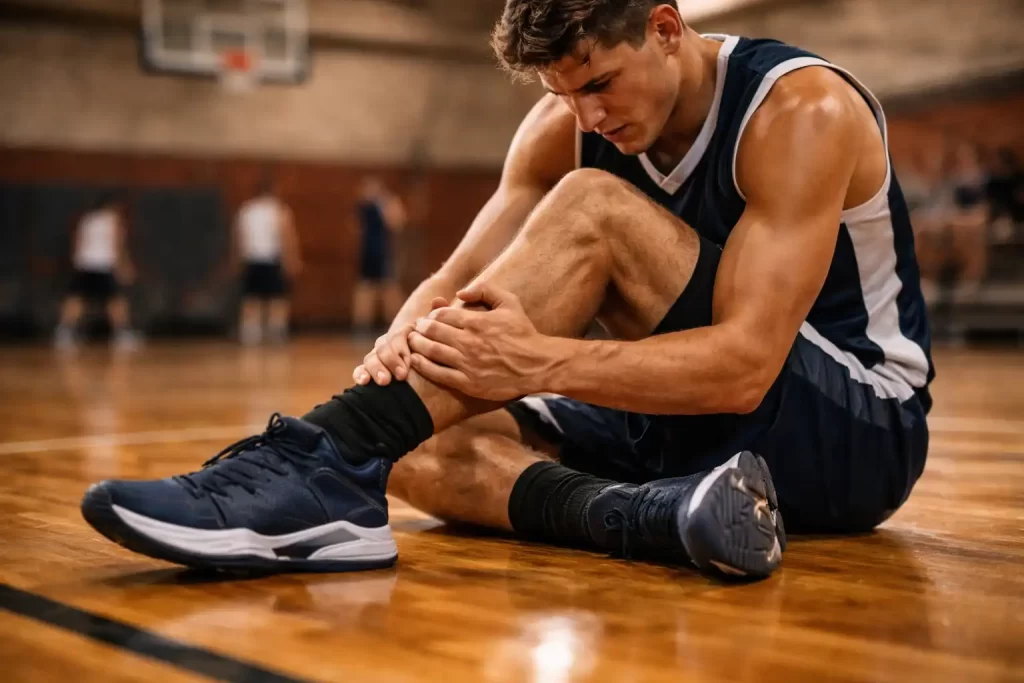 high school basketball player holding ankle injury on court showing common basketball injuries in young athletes