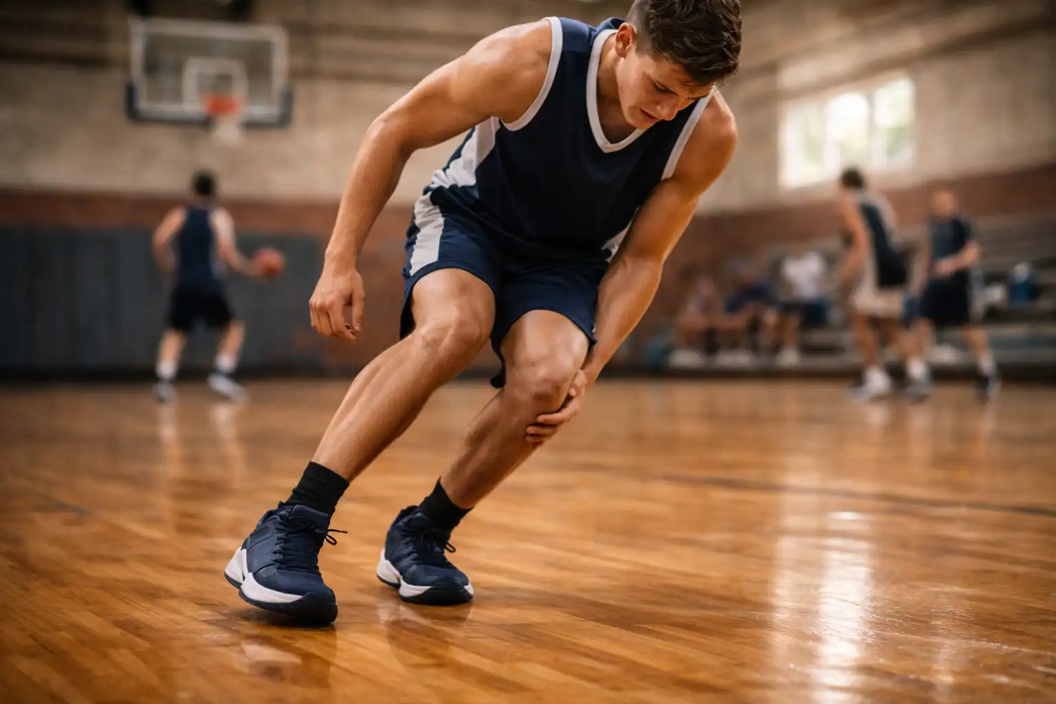 high school basketball player showing poor landing mechanics and fatigue contributing to injury risk