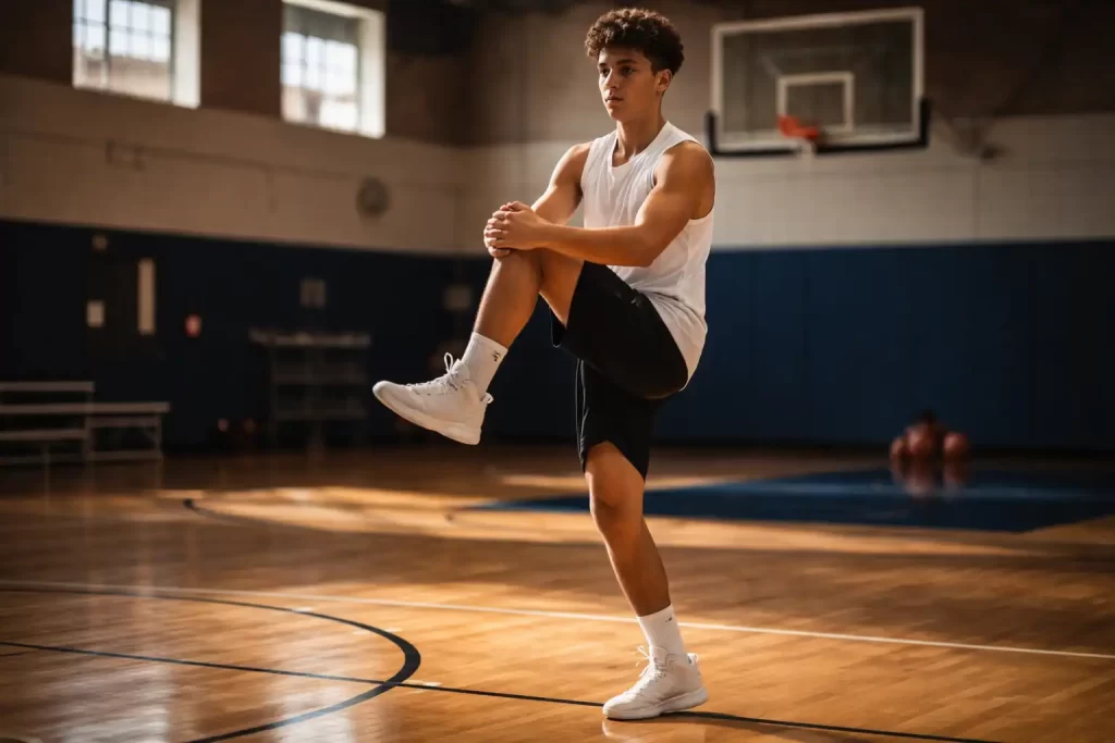 High school basketball player performing prehab injury prevention warm-up