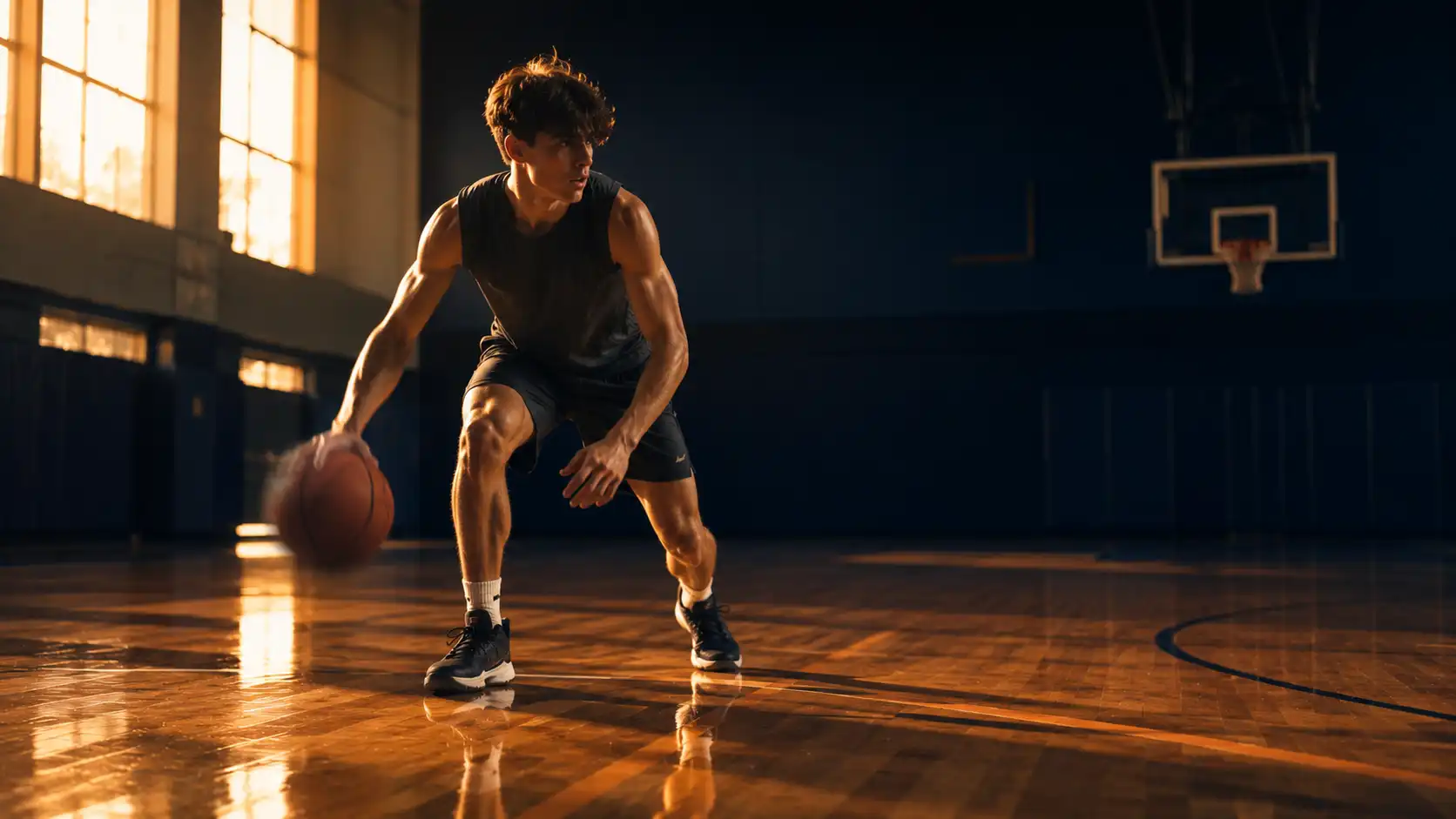 High school basketball player training alone in a gym, focused on fundamentals over the AAU circuit