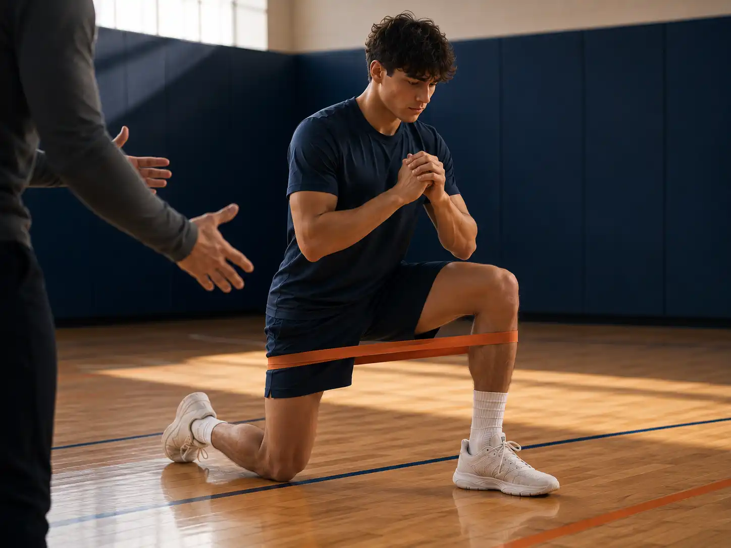 Young basketball player doing band-resisted strength and mobility work with a coach to prevent overuse injuries