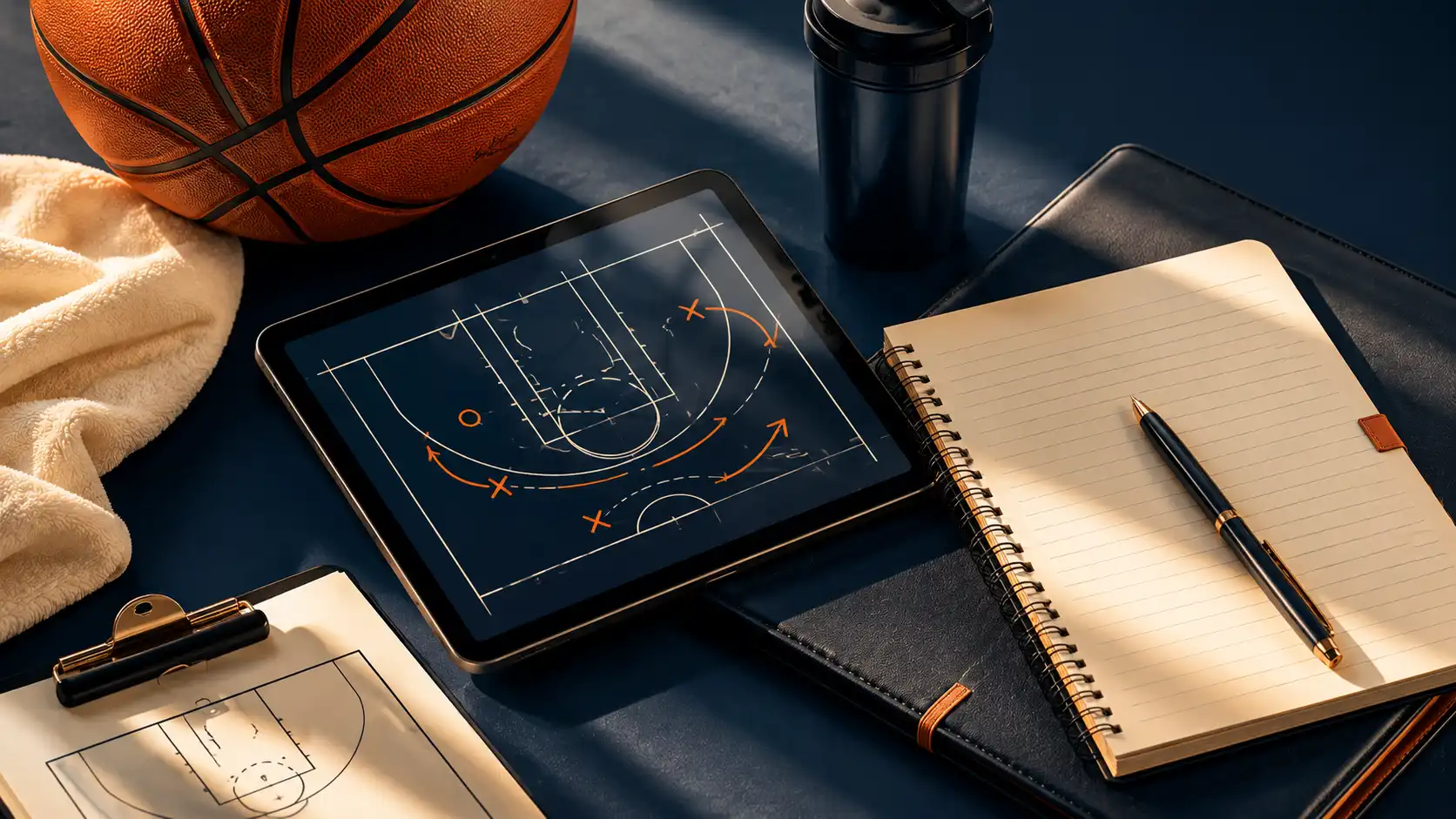 Coach reviewing a player on a tablet alongside a notebook and basketball — modern recruiting without the travel circuit