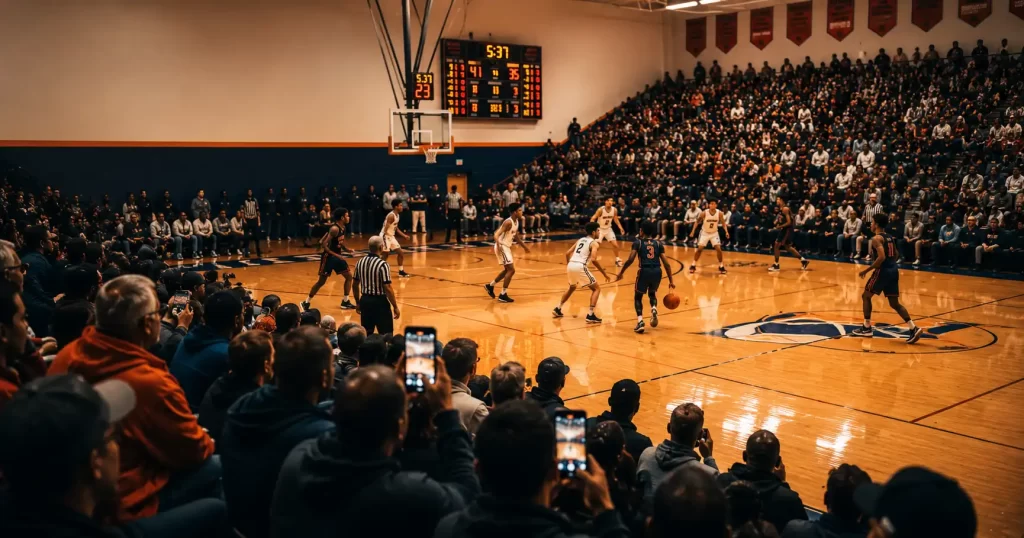 Packed high school basketball gymnasium representing the changing landscape of youth basketball and player development