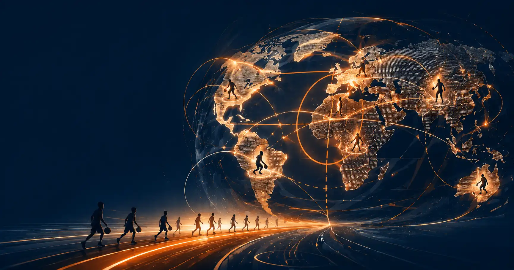 Abstract global basketball illustration showing international player development and recruiting pathways