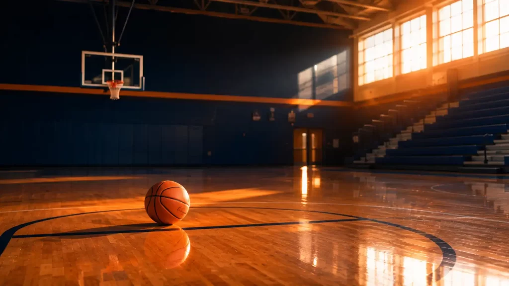 Empty high school basketball court at golden hour illustrating new NCAA eligibility rules for 2026
